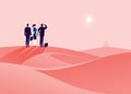 Business concept illustration with business people standing at desert hill & watching on horizon city. Royalty Free Stock Photo