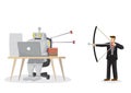 Business concept illustration of a businessman shooting arrows at a robot, trying to eliminate him for taking over his job.