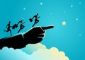 Business concept illustration of businessmen and a businesswoman running on giant hand pointing to the stars