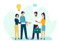 Business concept illustration, partnership concept, agreement of parties, hand shake, signing documents.