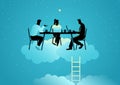 Business concept illustration of men and woman works comfortably on top of the clou