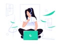 Business concept illustration. Woman sitting and working in front of laptop. listening to music. Trendy vector style