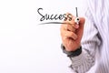 Business concept image of a hand holding marker and write success isolated on white Royalty Free Stock Photo