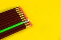 Business concept - lot of same pencils and one different pencil on yellow paper background. It`s symbol of leadership, teamwork. Royalty Free Stock Photo