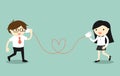Business Concept, Love In Office. Businessman And Business Woman Talking Via Cup Telephone. Vector Illustration.