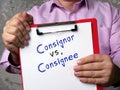 Business concept meaning Consignor vs. Consignee with phrase on the piece of paper Royalty Free Stock Photo