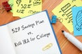 Business concept meaning 529 Savings Plan vs. Roth IRA for College with sign on the sheet Royalty Free Stock Photo