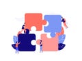 Business concept, metaphor of teamwork, cooperation, partnership. People put together a puzzle. Vector flat style illustration