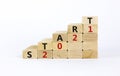 Business concept of 2021 new year start. Wooden blocks with words `Start 2021`. Beautiful white background, copy space. 2021 new