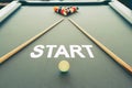 Business concept picture of start in the snooker billiard pool table with balls set, selective focus and vintage photo Royalty Free Stock Photo