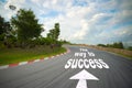 Business concept picture of way to successful and road arrow direction racetrack straight to the mountain with the clear sky