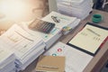 Business Concept, Pile of unfinished documents on office desk, Stack of business paper Royalty Free Stock Photo