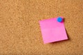 Pink sticky single note with blue pushpin and blank space, isolated on cork background. Royalty Free Stock Photo