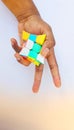 Business Concept and puzzle cubes Creative of decision making process logical thinking. Logical tasks.Hand holding Box puzzle