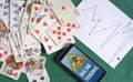 business concept, risks of trading online, deck of cards, stock echange chart and smartphone Royalty Free Stock Photo