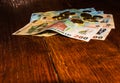 Business concept, Romanian currency on table. LEI banknotes, and coins