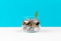 Business concept, saving planning with coins in glass jar