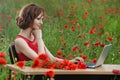 Business concept shot of a beautiful young woman sitting at a desk using a computer in a field. Royalty Free Stock Photo