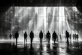 Business concept with silhouettes of people against a city background. Black and white style Royalty Free Stock Photo