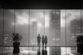 Business concept with silhouettes of people against a city background. Black and white style Royalty Free Stock Photo