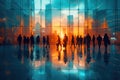 Business concept with silhouettes of people against a city background Royalty Free Stock Photo