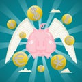 Business Concept, Smiling piggy bank with coins currency wings.