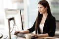 Business concept. Successful young businesswoman at work. Manager sitting at the office table and working on computer Royalty Free Stock Photo