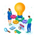 Business concept for teamwork, cooperation, partnership. Creative Idea. Isometric Idea concept. Light bulb with gears. Vector Royalty Free Stock Photo