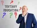 Business concept about TERTIARY EDUCATION question marks with phrase on the wall Royalty Free Stock Photo