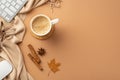 Business concept. Top view photo of cup of frothy drinking rattan serving mat computer mouse keyboard glasses yellow maple leaf Royalty Free Stock Photo