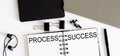 Business concept of top view PROCESS-SUCCESS on notebook on the white background