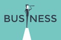 Business concept vector illustration with business man looking through telescope from a cliff. Royalty Free Stock Photo