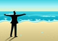Businessman open his arms at the beach
