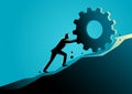 Business concept vector illustration of a businessman pushing a gear uphill