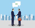 Business concept vector illustration in flat cartoon style. Business people shaking hands. Businessmen making a deal. Money invest Royalty Free Stock Photo