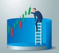 Business concept vector illustration of a man on ladder with candlestick chart background, concept of stock market