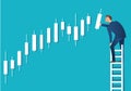 Business concept vector illustration of a man on ladder with candlestick chart background, concept of stock market