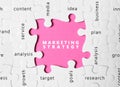 Business concept. White puzzle pieces with phrases on pink background, top view Royalty Free Stock Photo