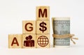 On a white surface, dollars and cubes with images and the inscription - AGM