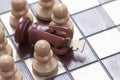 Business concept of win or defeat, loss Chessboard and figures of the king and pawns.