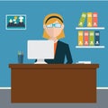 Business concept - woman sitting at the table and working on the computer in the office. Vector illustration, flat style Royalty Free Stock Photo