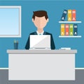 Business concept - woman sitting at the table and working on the computer in the office. Vector illustration, flat style