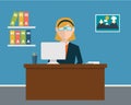 Business concept - woman sitting at the table and working on the computer in the office. Vector illustration, flat style Royalty Free Stock Photo