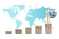 Wooden figure mannequin standing on the top of stacked silver coins and holding blue planet earth globe. Royalty Free Stock Photo