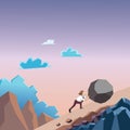 Businessman pushing large stone uphill, Illustration cartoon fla Royalty Free Stock Photo