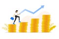 Business concept. Young woman or running and climbing up to her goal on the stack of coins. Moving up motivation. Money,
