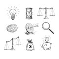 Business concepts set. Light bulb, hourglass, scales, brain, target, magnifying glass, sack of dollars, piggy bank Royalty Free Stock Photo