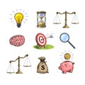 Business concepts set. Light bulb, hourglass, scales, brain, target, magnifying glass, sack of dollars, piggy bank. Hand