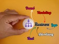 Business conceptual word and hand holding white ball with business icon