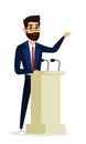 Business conference flat vector illustration. Speaker on stage cartoon character. Scientific presentation, academic